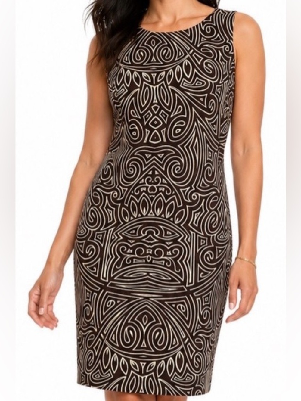 Liz Claiborne Brown Geometric Sheath Dress Office Career Midi Sz 12 Classic